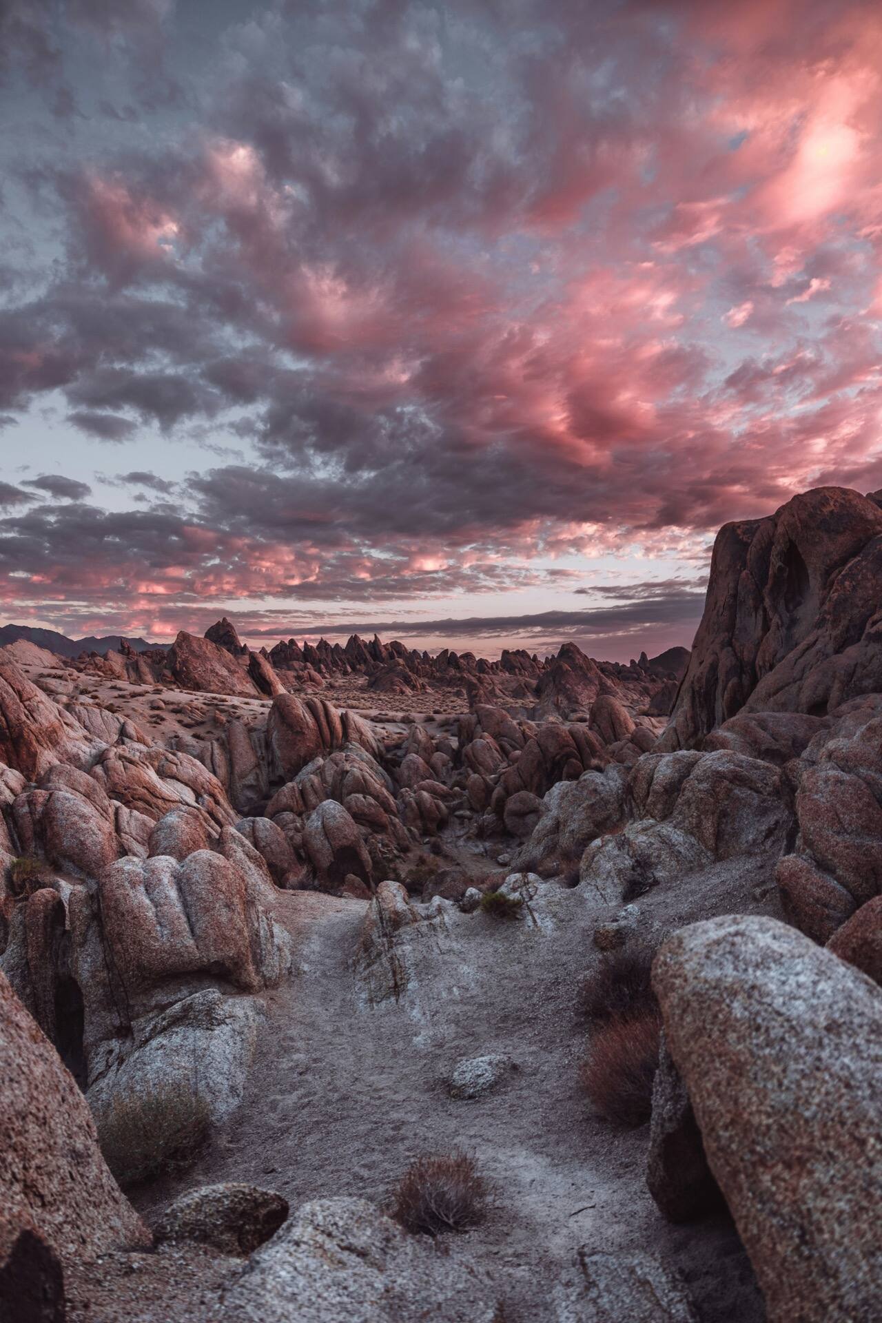 The Alabama Hills rock formations with the Eastern Sierra Nevada behind