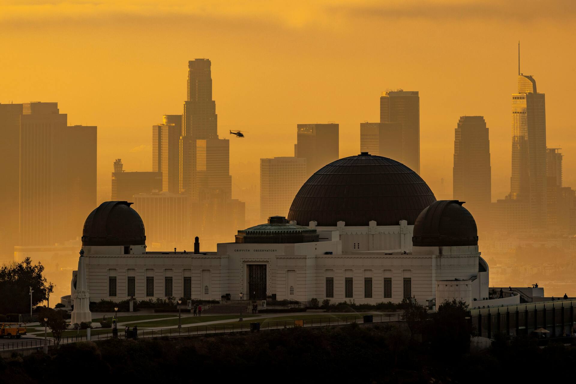 Griffith Observatory overlooking the Los Angeles skyline at sunset — filming location for La La Land