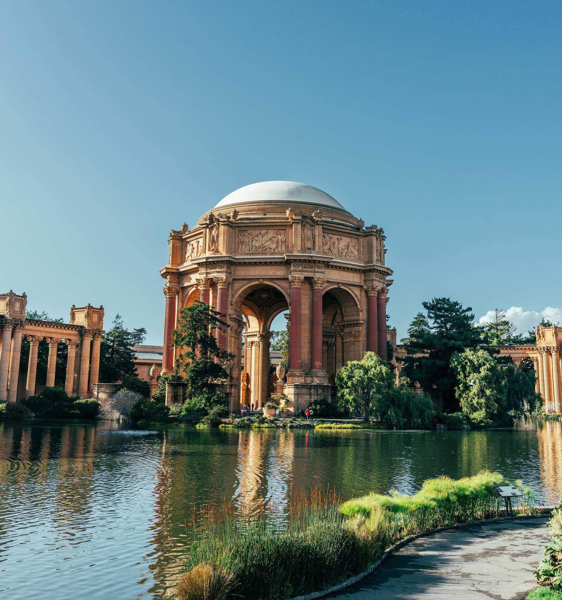 The Palace of Fine Arts rotunda reflected in its lagoon, San Francisco