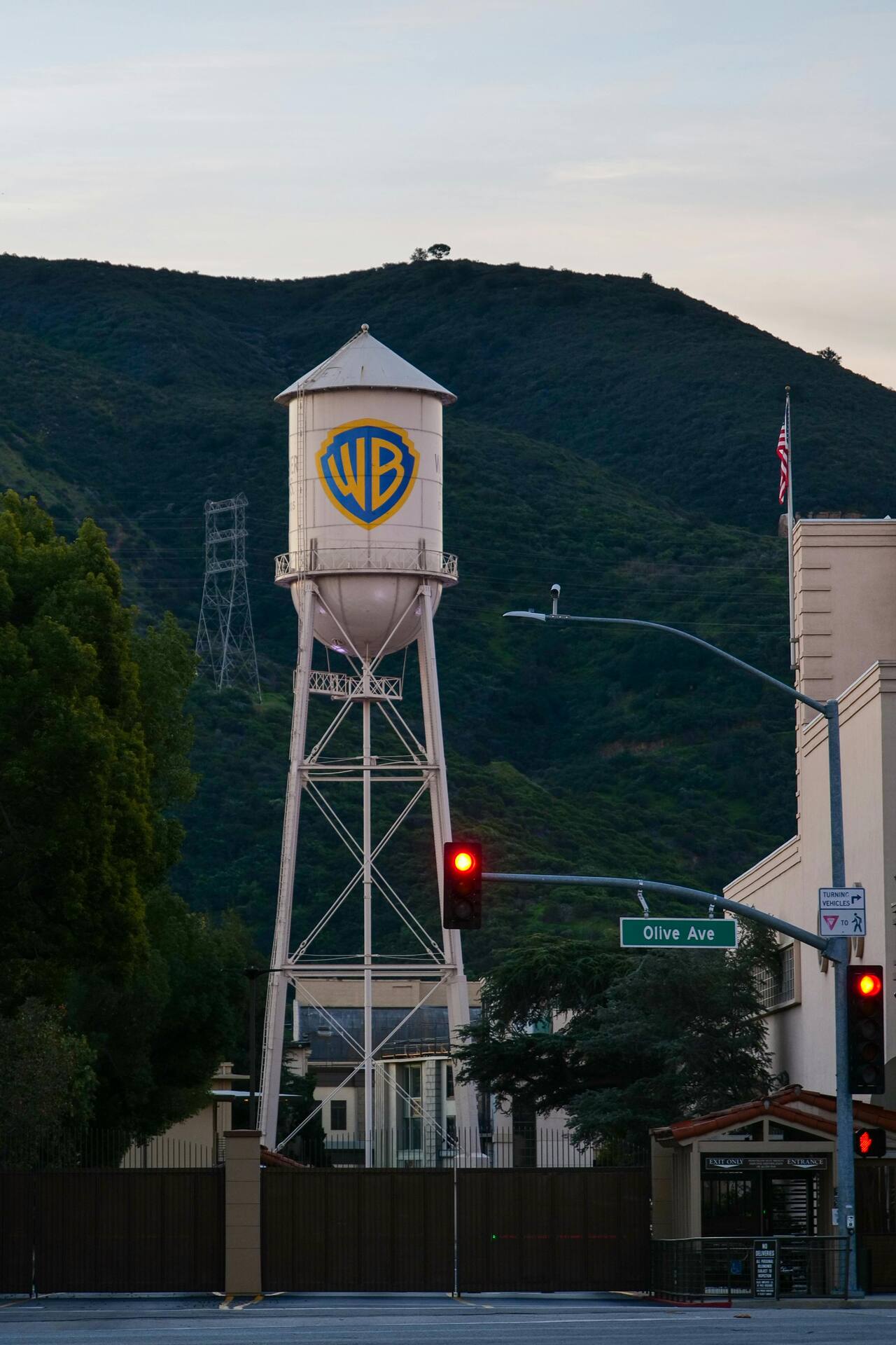 Warner Bros water tower at the Burbank studio lot at sunset
